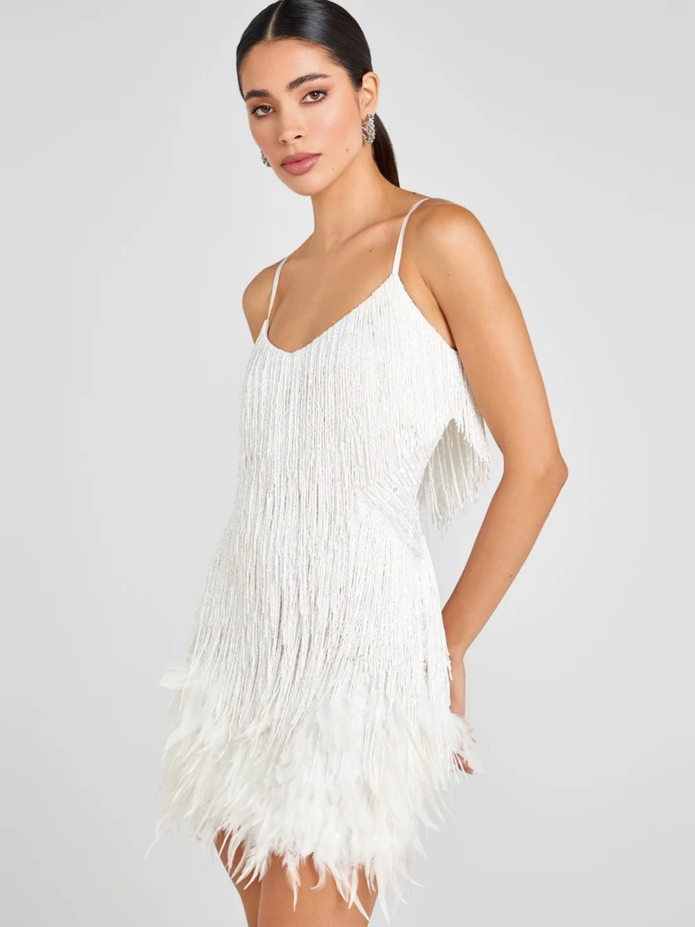 NADINE MERABI White Beaded Fringe Mini Dress with Feather Hem